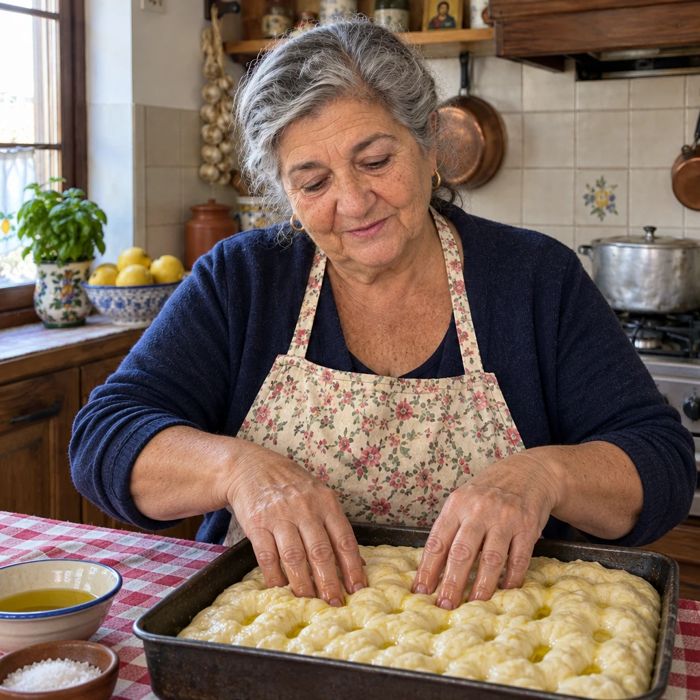 Rosa pressing dimples into focaccia dough