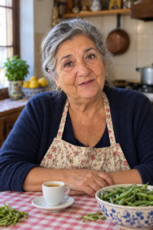 Rosa in her kitchen, smiling, with a cup of coffee on the table
